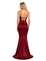 ChicSew Deep V Neck Spaghetti Straps Soft Satin Mermaid Criss Cross Beautiful Curve Hugging Floor Sweeping Bridesmaid Dress
