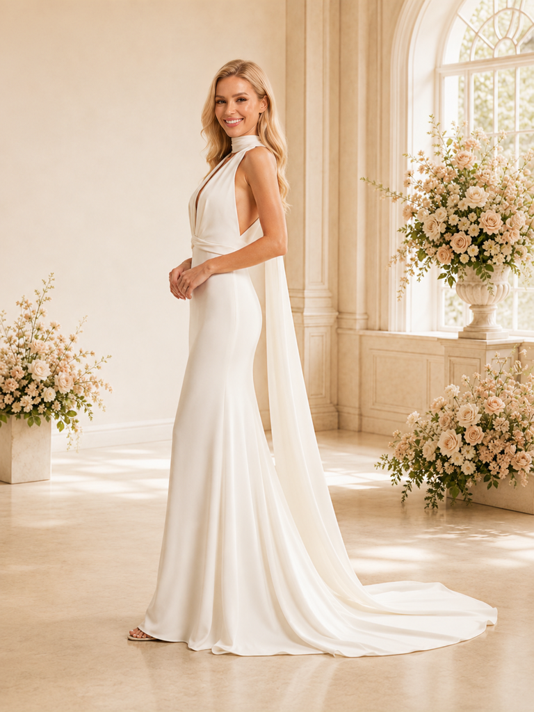 ChicSew Unique Halter Sleeveless Crepe Mermaid Maxi Long Wedding Dresses