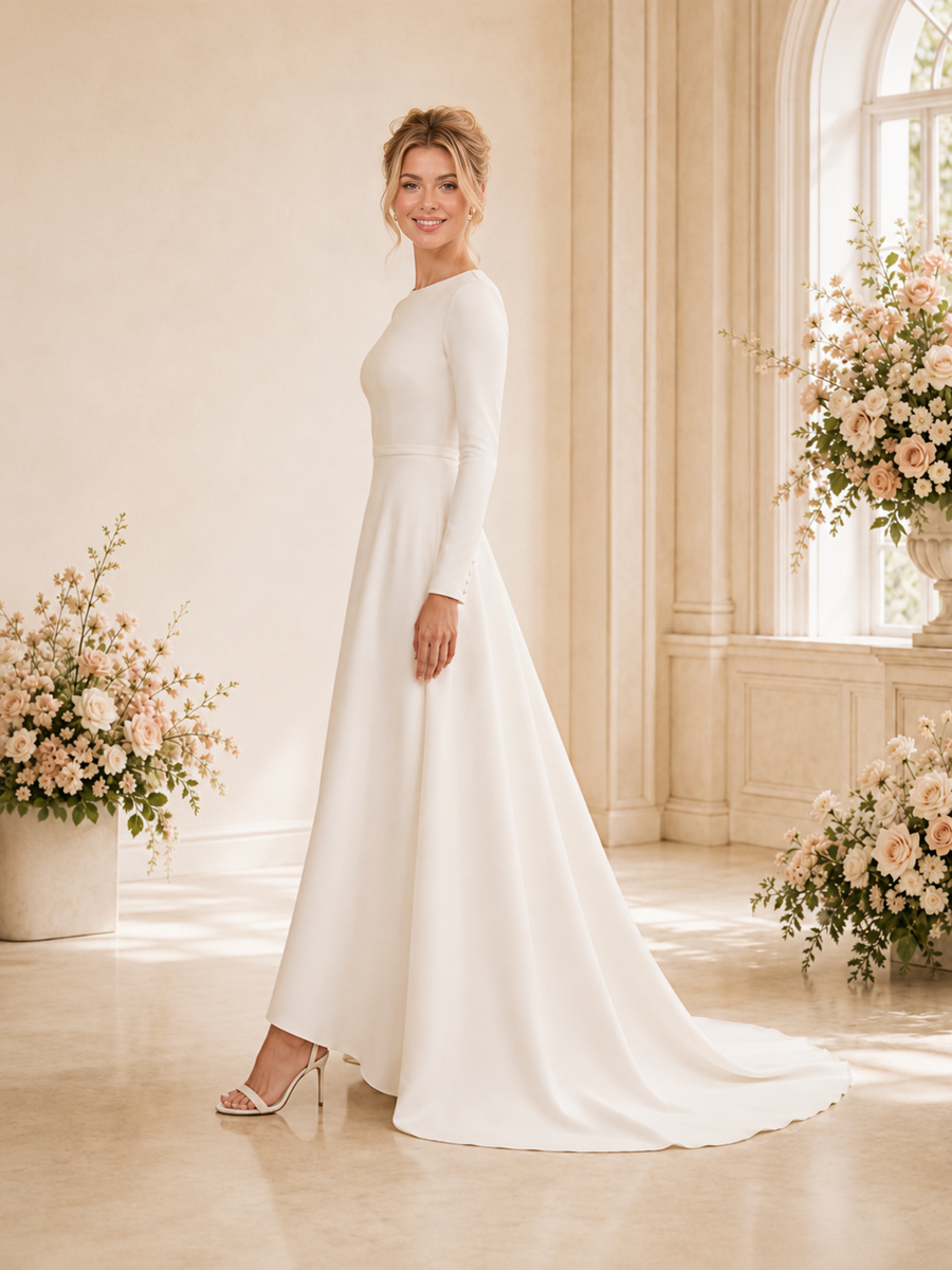 ChicSew Elegant Jewel Long Sleeves A-Line Crepe Floor-Length Wedding Dress