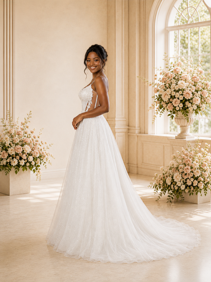 ChicSew Romantic A-Line Spaghetti Straps V-Neck Glitter Tulle Maxi Wedding Dress