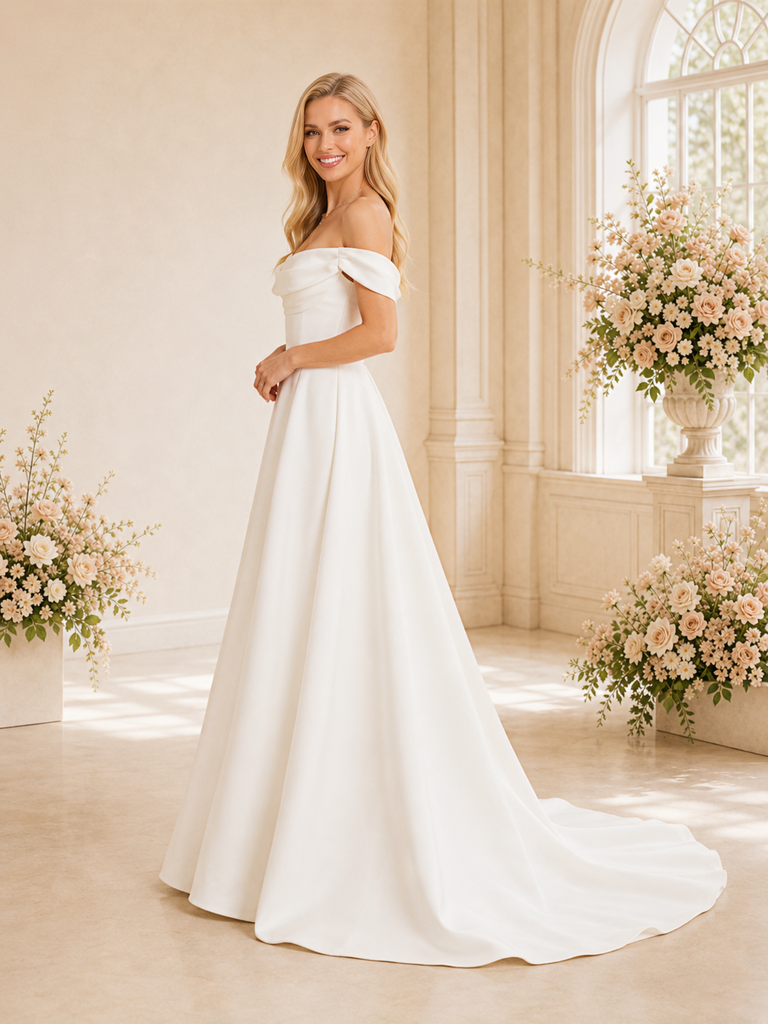 ChicSew Elegant A-Line Crepe Off The Shoulder Ruched Floor-Length Wedding Dresses