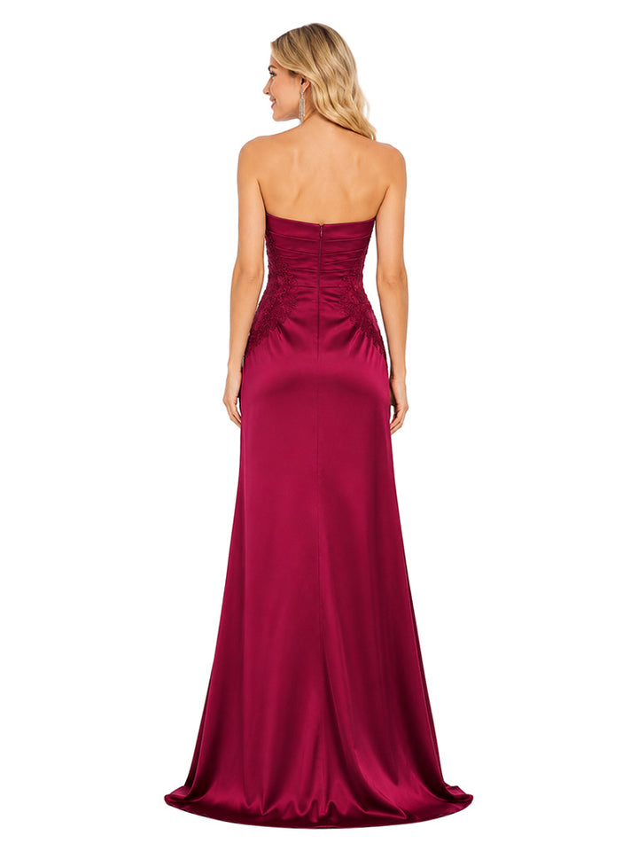 ChicSew Beautiful Strapless Lace Ruched Mermaid Floor Length Satin Formal Bridesmaid Dresses For Gala