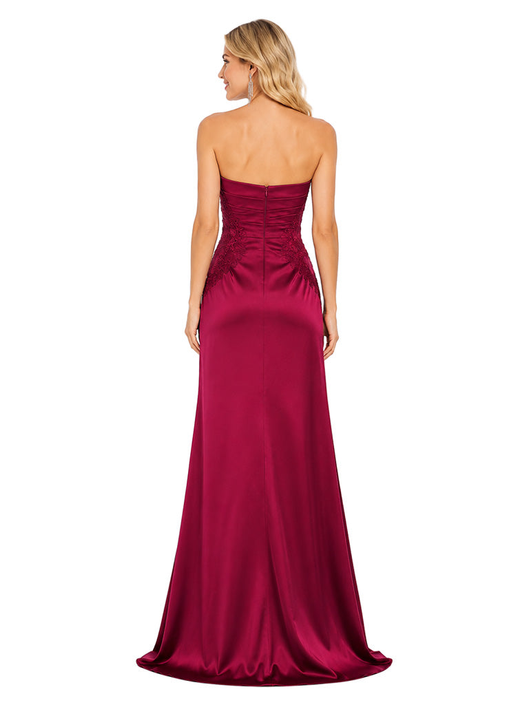 ChicSew Beautiful Strapless Lace Ruched Mermaid Floor Length Satin Formal Bridesmaid Dresses For Gala