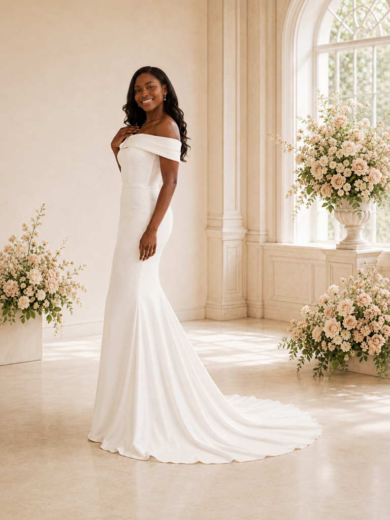 ChicSew Elegant Mermaid Off The Shoulder Crepe Maxi Long Wedding Dress