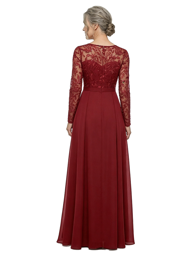 ChicSew Elegant Illusion Long Sleeve Chiffon Mother Of The Bride Dresses Lace Bodice Side Slit