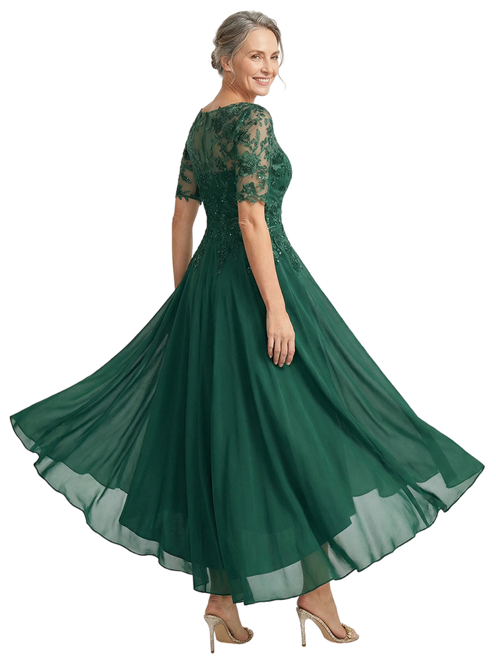 ChicSew Jewel Short Sleeve Lace Applique Ruched A-Line Ankle-Length Chiffon Fancy Mother of the Bride Dresses
