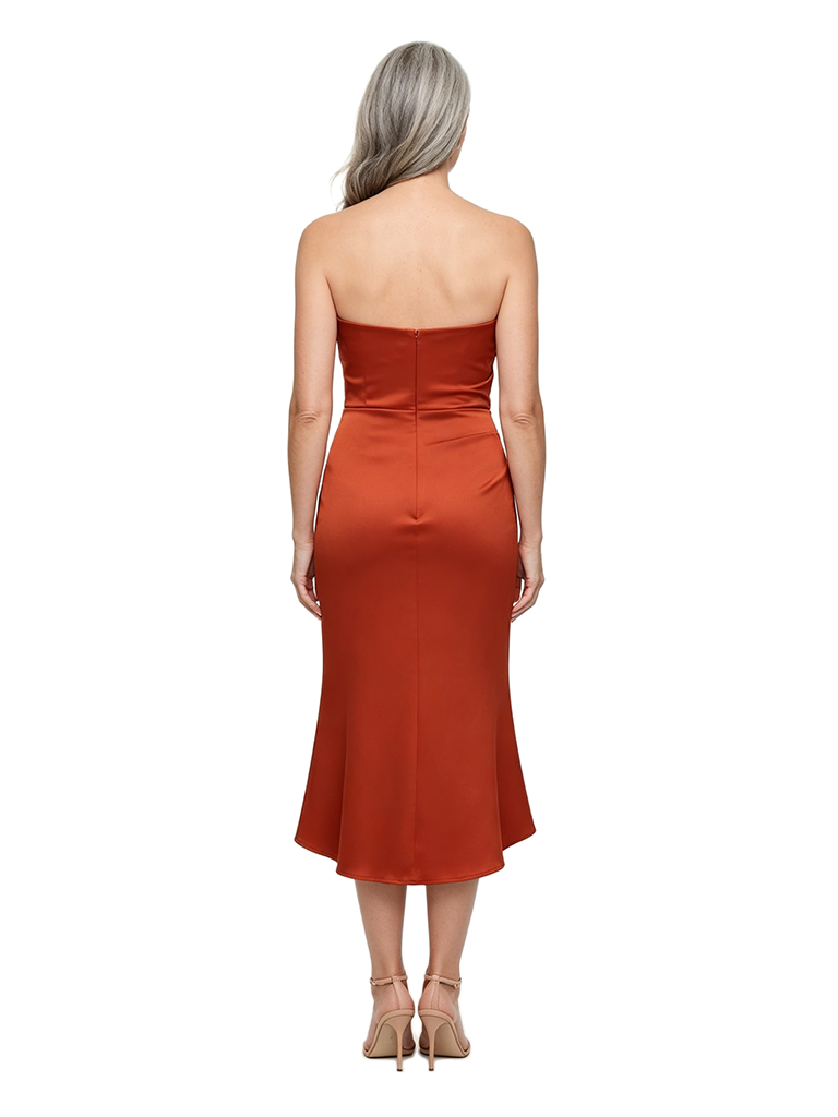 ChicSew Strapless Ruched Mother Of The Bride Dress Satin Tea-Length Asymmetric Sheath Gown