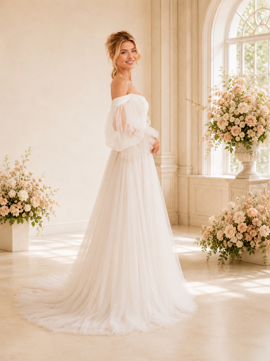 ChicSew Unique A-Line Off The Shoulder Long Sleeves Lace Tulle Maxi Long Wedding Dresses