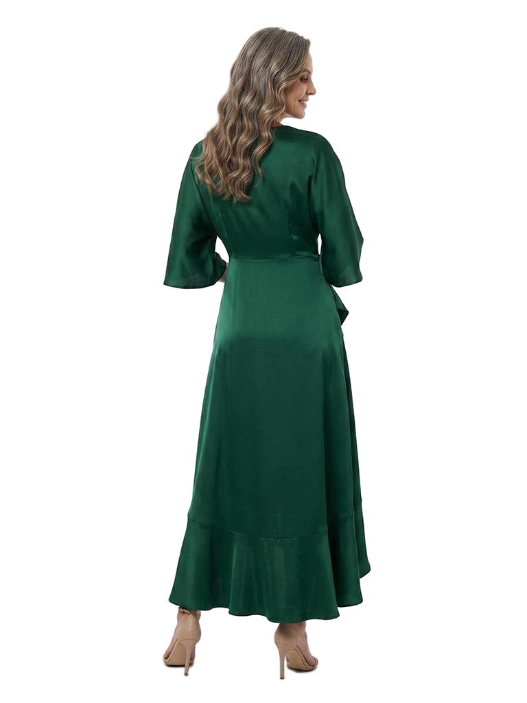 ChicSew V-Neck 3/4 Sleeve Satin High Low Hem Mother of the Bride Dress With Asymmetrical Ruffle