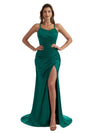 Sexy Mermaid Silky Satin Side Slit Long Bridesmaid Dresses Online Spaghetti Straps