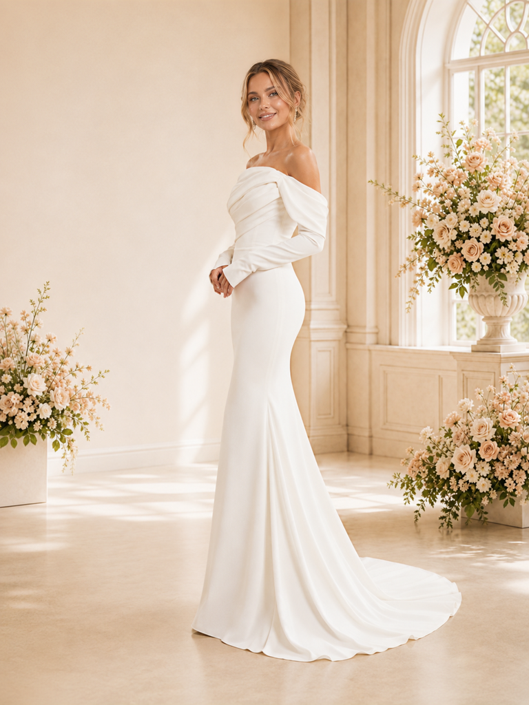 ChicSew Elegant Mermaid Crepe Ruched Off The Shoulder Long Sleeves Floor-Length Wedding Dress