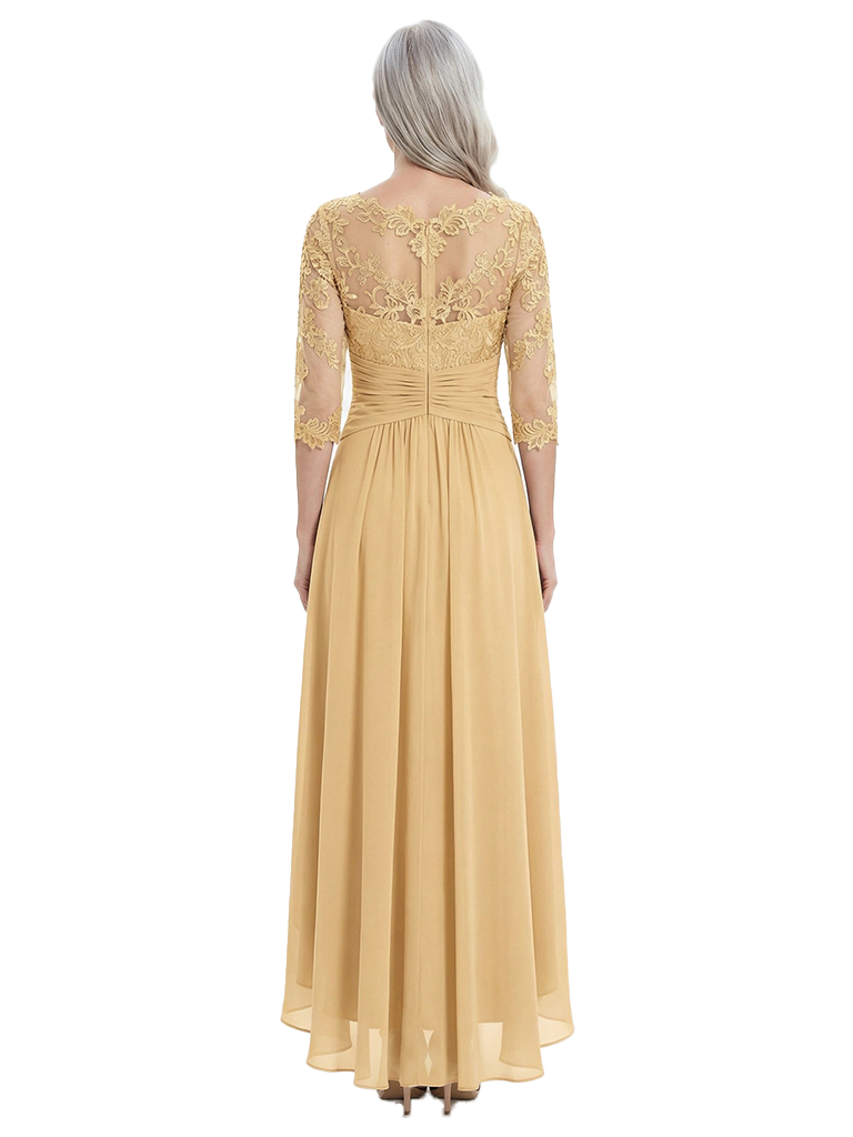 ChicSew Beautiful High-Low Long Sleeve Chiffon Ruffle Mother Of The Bride Dress With Illusion Lace Bodice
