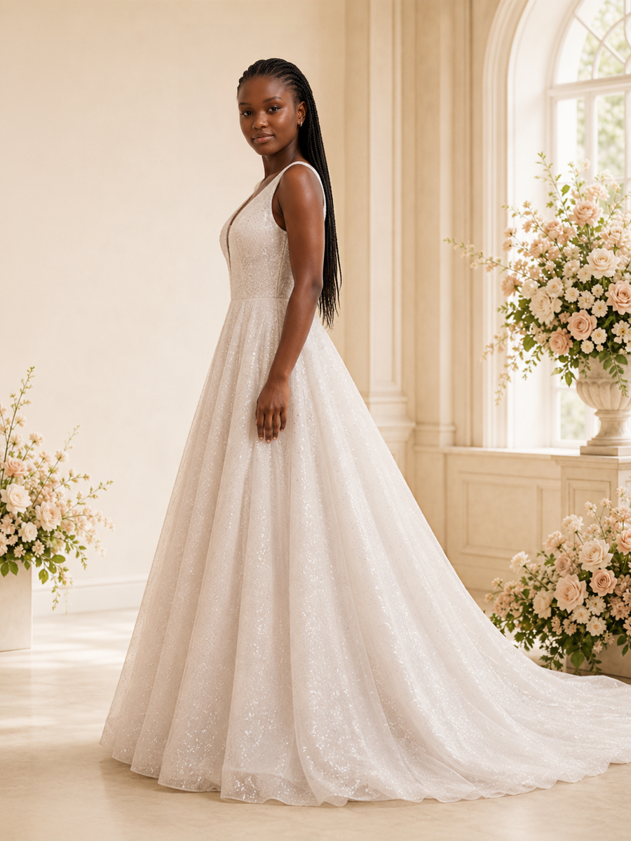ChicSew Fancy Spaghetti Straps V-Neck Glitter Tulle Long A-Line Wedding Dress