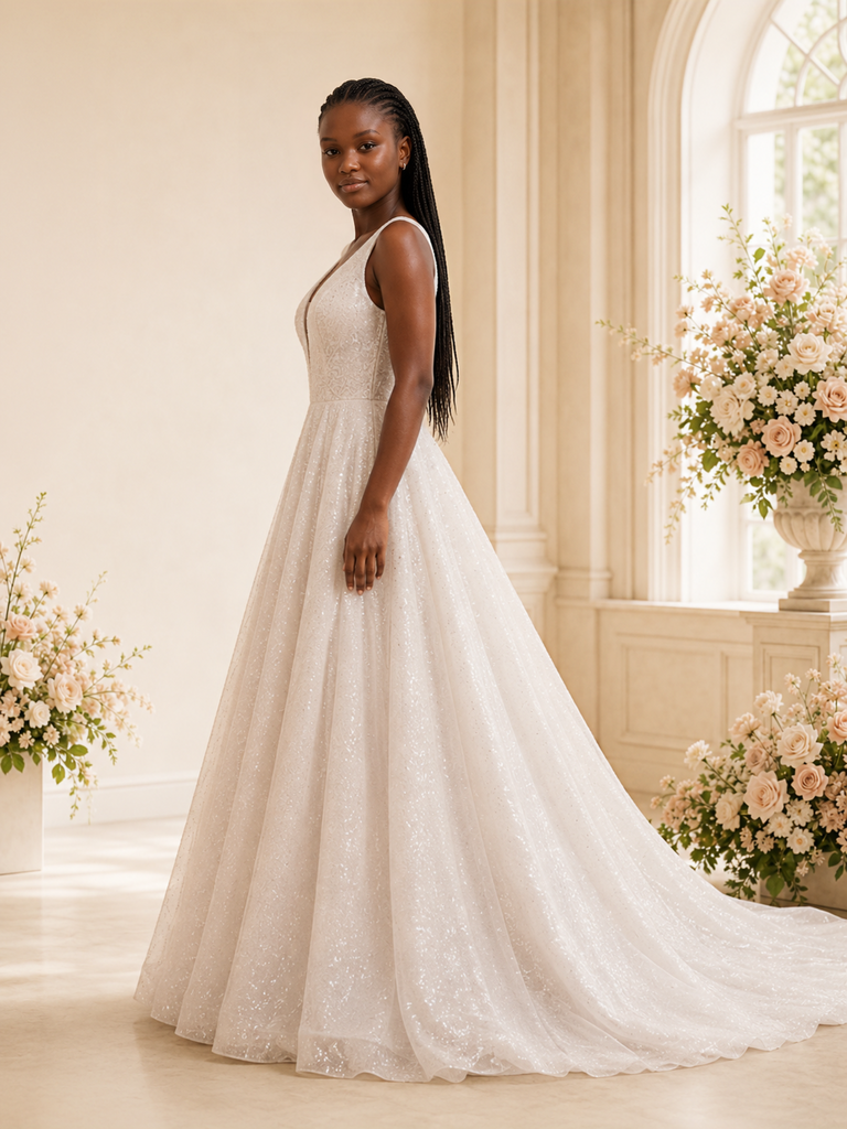 ChicSew Fancy Spaghetti Straps V-Neck Glitter Tulle Long A-Line Wedding Dress