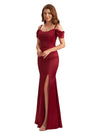 Sexy Cold Shoulder Lace Silky Satin Mermaid Long Bridesmaid Dresses Side Slit