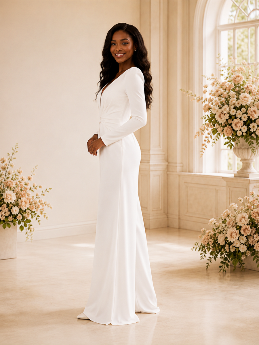 ChicSew Modern V-Neck Long Sleeves Crepe Floor-Length Wedding Jumpsuit