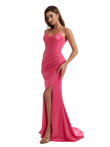 Sexy Spaghetti Straps Boning Mermaid Ruched Satin Long Bridesmaid Dresses Side Split
