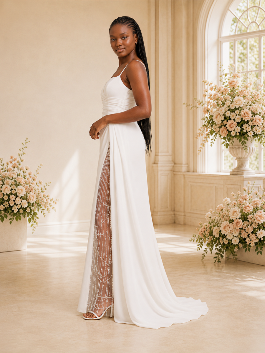 ChicSew Modern Spaghetti Straps Crepe Ruched Long Side Slit Mermaid Wedding Dress