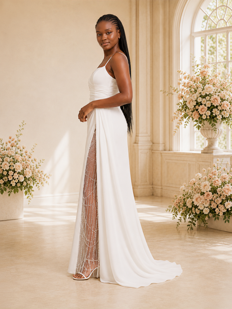 ChicSew Modern Spaghetti Straps Crepe Ruched Long Side Slit Mermaid Wedding Dress