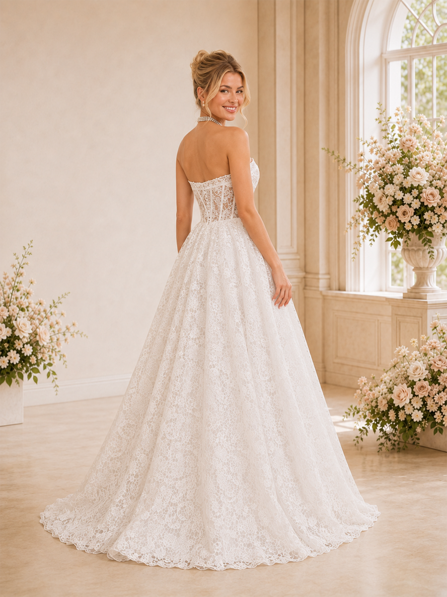 ChicSew Romantic Strapless Boning A-Line Lace Tulle Long Wedding Dresses