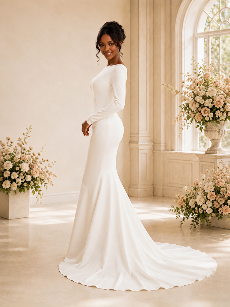 ChicSew Modern Mermaid Bateau Long Sleeves Crepe Maxi Wedding Dress