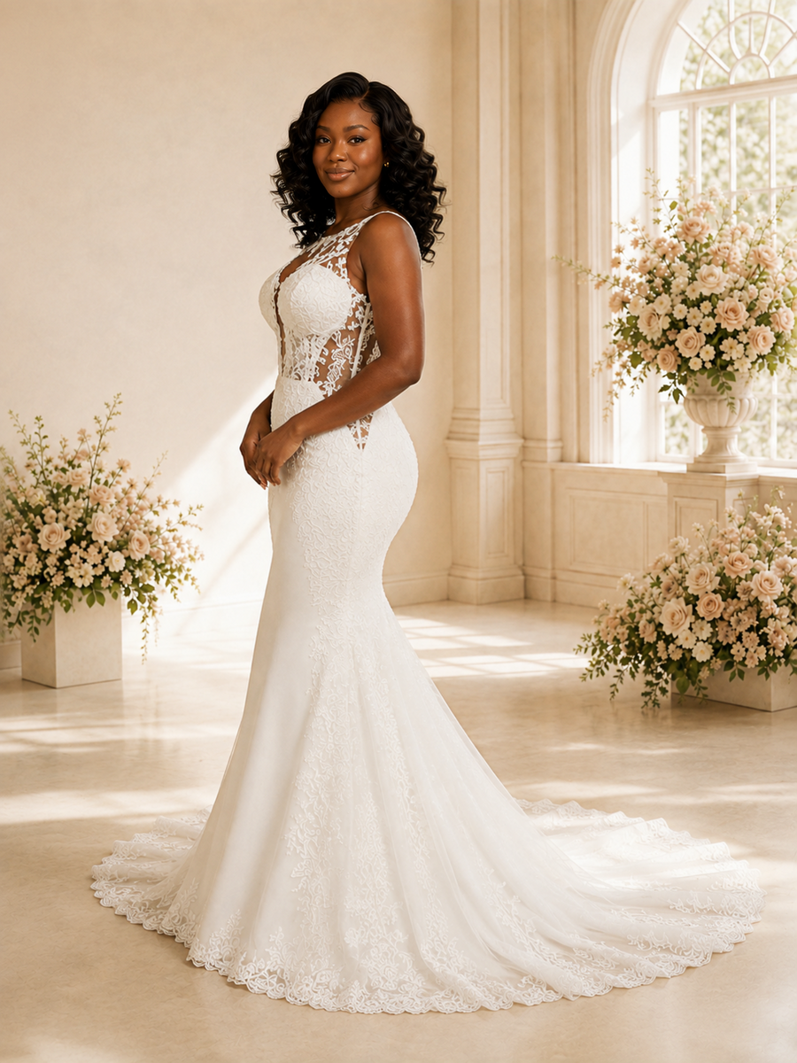 ChicSew Romantic Mermaid Sleeveless Bateau Lace Tulle Maxi Wedding Dress