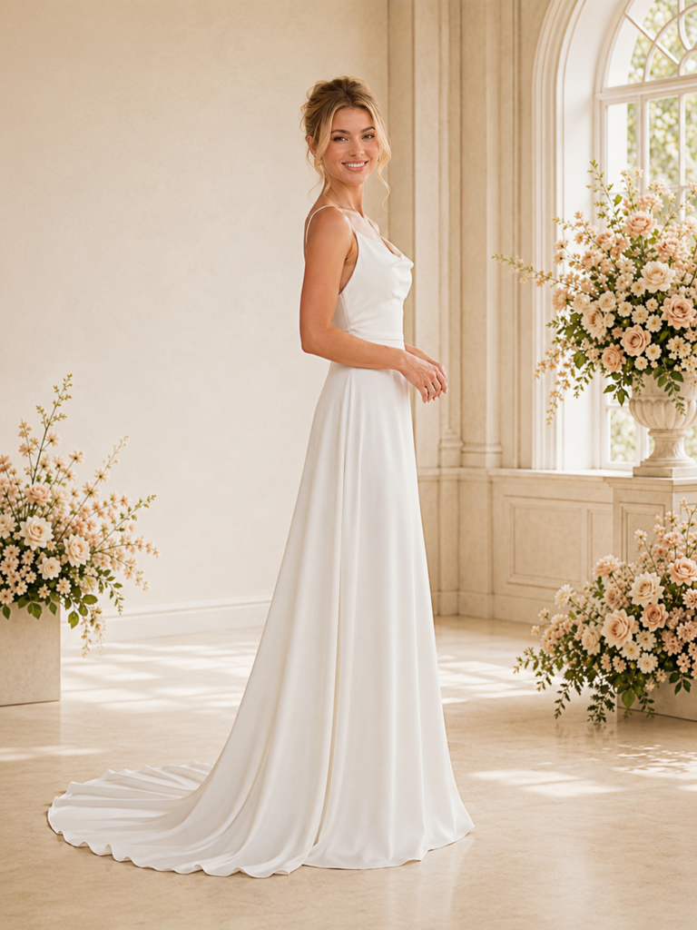 ChicSew Beautiful Spaghetti Straps Satin A-Line Floor-Length Wedding Dress With Train