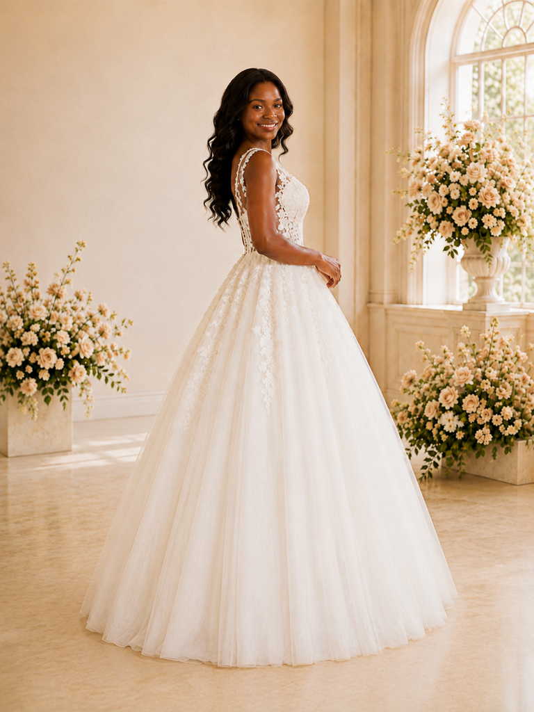ChicSew Elegant A-Line Illusion Sleeveless Tulle Long Wedding Dress With Lace Appliques
