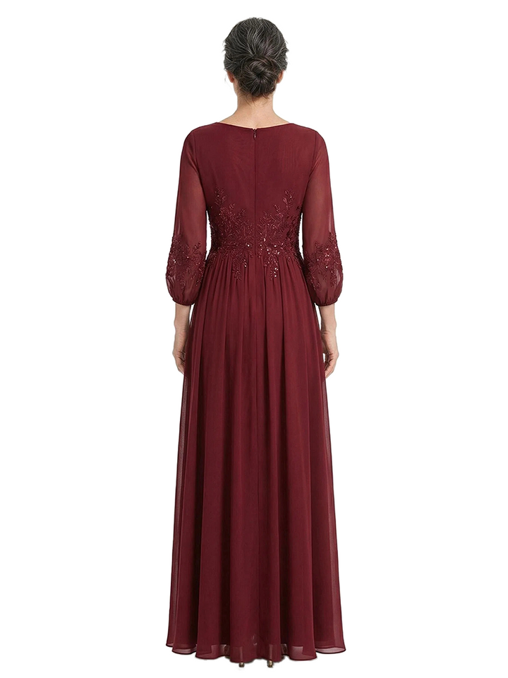 ChicSew V-Neck 3/4 Sleeve Beaded Lace Applique Ruched Waist Ankle Length Chiffon Formal Mother Of The Bride And Groom Dresses