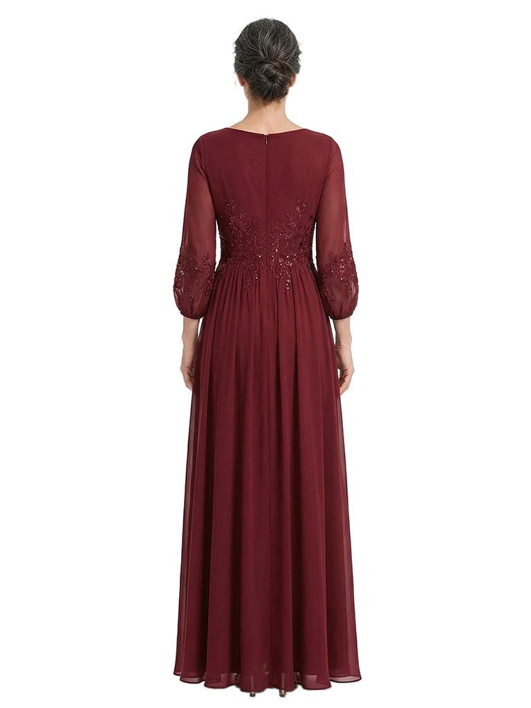 ChicSew V-Neck 3/4 Sleeve Beaded Lace Applique Ruched Waist Ankle Length Chiffon Formal Mother Of The Bride And Groom Dresses