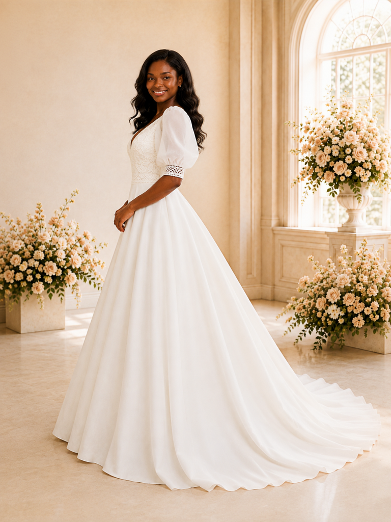 ChicSew Elegant V-Neck Short Sleeves Chiffon Maxi Wedding Dress With Lace Appliques