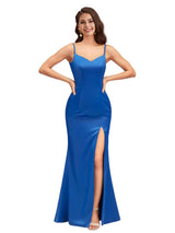 Elegant Spaghetti Straps Mermaid Side Slit Beauty Soft Satin Bridesmaid Dresses