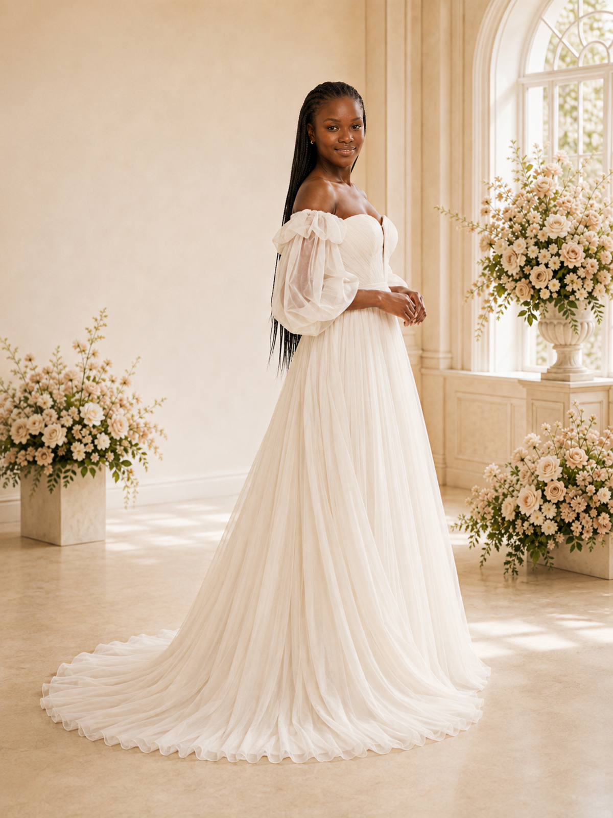 ChicSew Mondern Strapless Puff Sleeves A-Line Tulle Maxi Wedding Dress