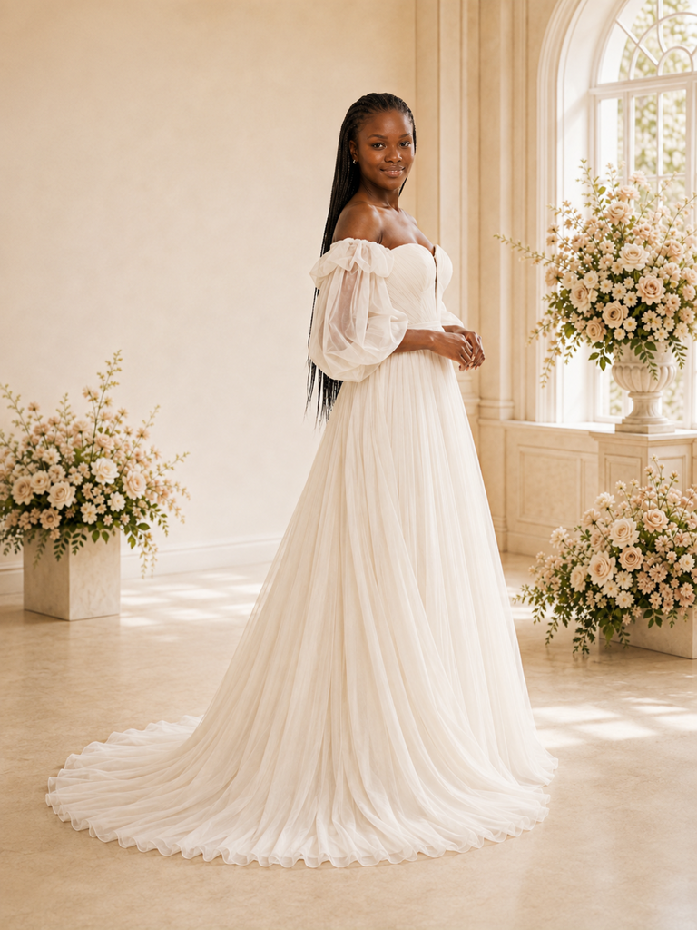 ChicSew Mondern Strapless Puff Sleeves A-Line Tulle Maxi Wedding Dress