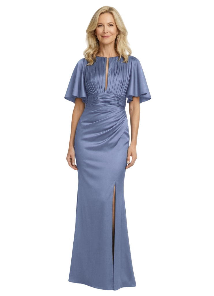 Elegant Bell Sleeves Mermaid Ruched Satin Floor-Length Mother of the Bride Dresses