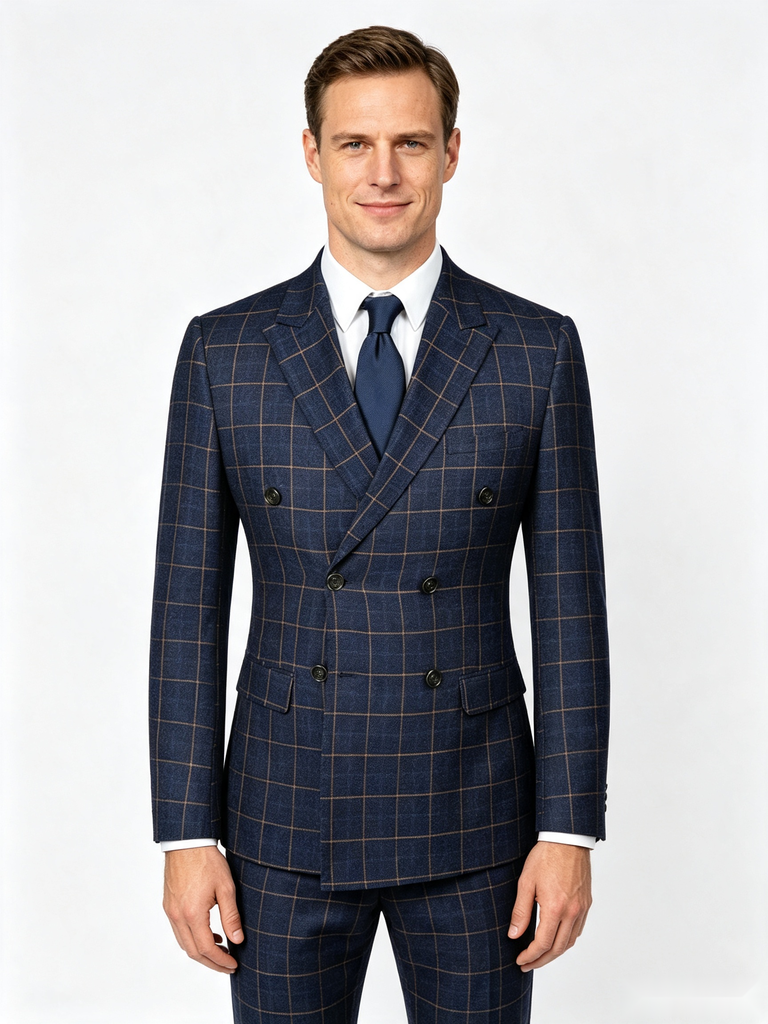 Classic 2 Piece Dark Navy Men's Suit with Regular Fit and Sophisticated Peak Lapel Vertical Strips
