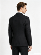 Classic 3 Piece Black Men's Suit with Regular Fit and Sophisticated Peak Lapel Vertical Strips
