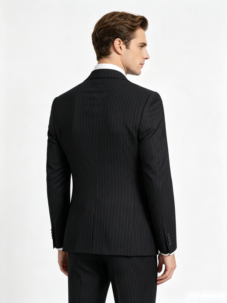 Classic 2 Piece Black Men's Suit with Regular Fit and Sophisticated Peak Lapel Vertical Strips