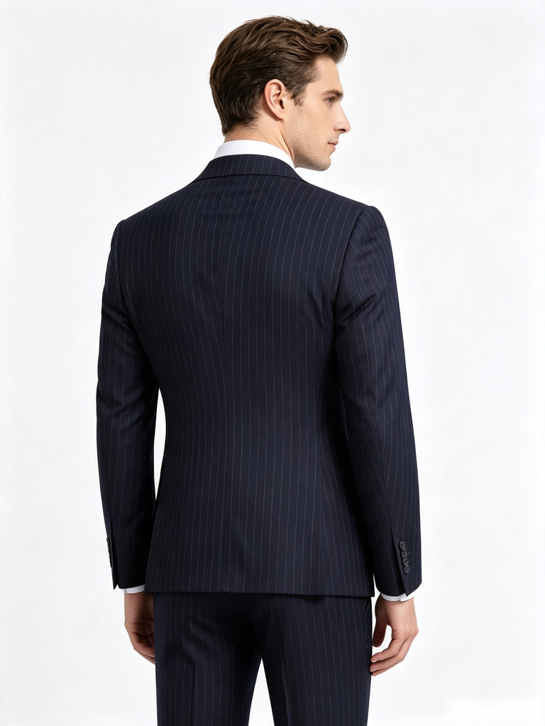 Classic 3 Piece Dark Navy Men's Suit with Regular Fit and Sophisticated Peak Lapel Vertical Strips