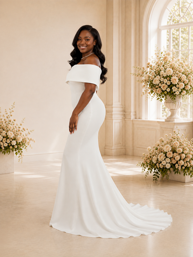 ChicSew Fancy Off The Shoulder Crepe Mermaid Maxi Long Wedding Dress
