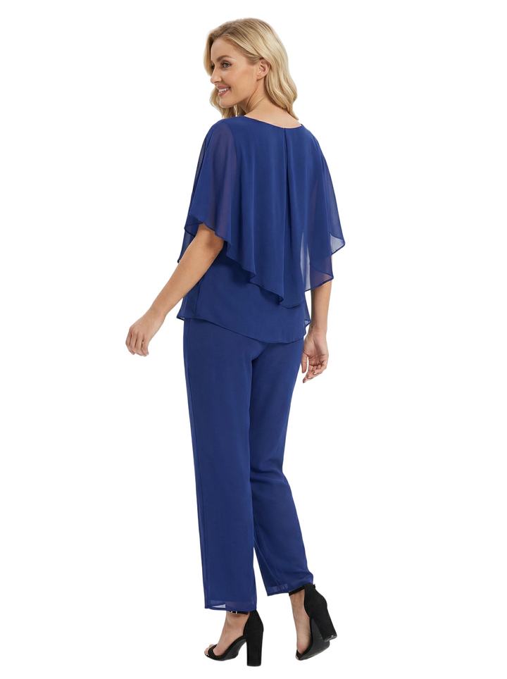 Simple Round Neck Chiffon Mother Of The Bride Pantsuit Half Sleeves Formal Wedding Attire