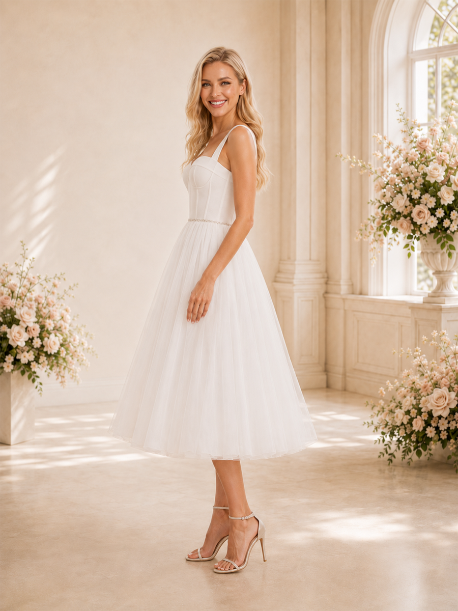 ChicSew A-line Sweetheart Boning Midi Lace Tulle Short Wedding Dresses Online