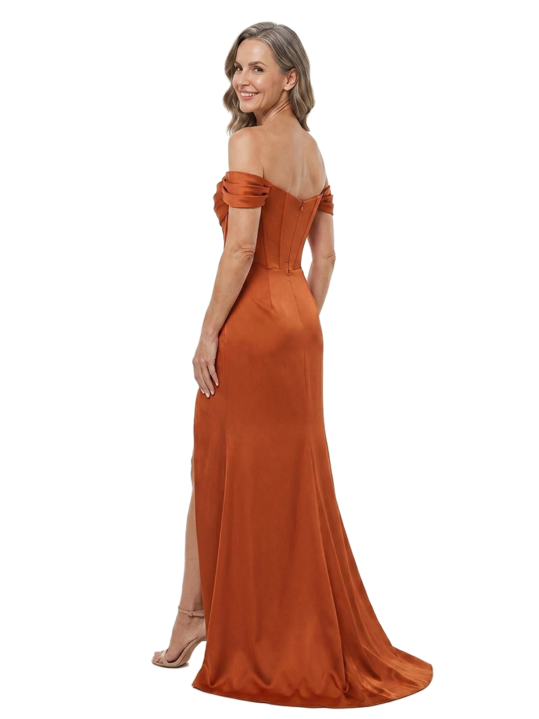 ChicSew Off Shoulder Boning Ruched Side Slit Satin Floor-Length Mermaid Mother of the Bride Dress