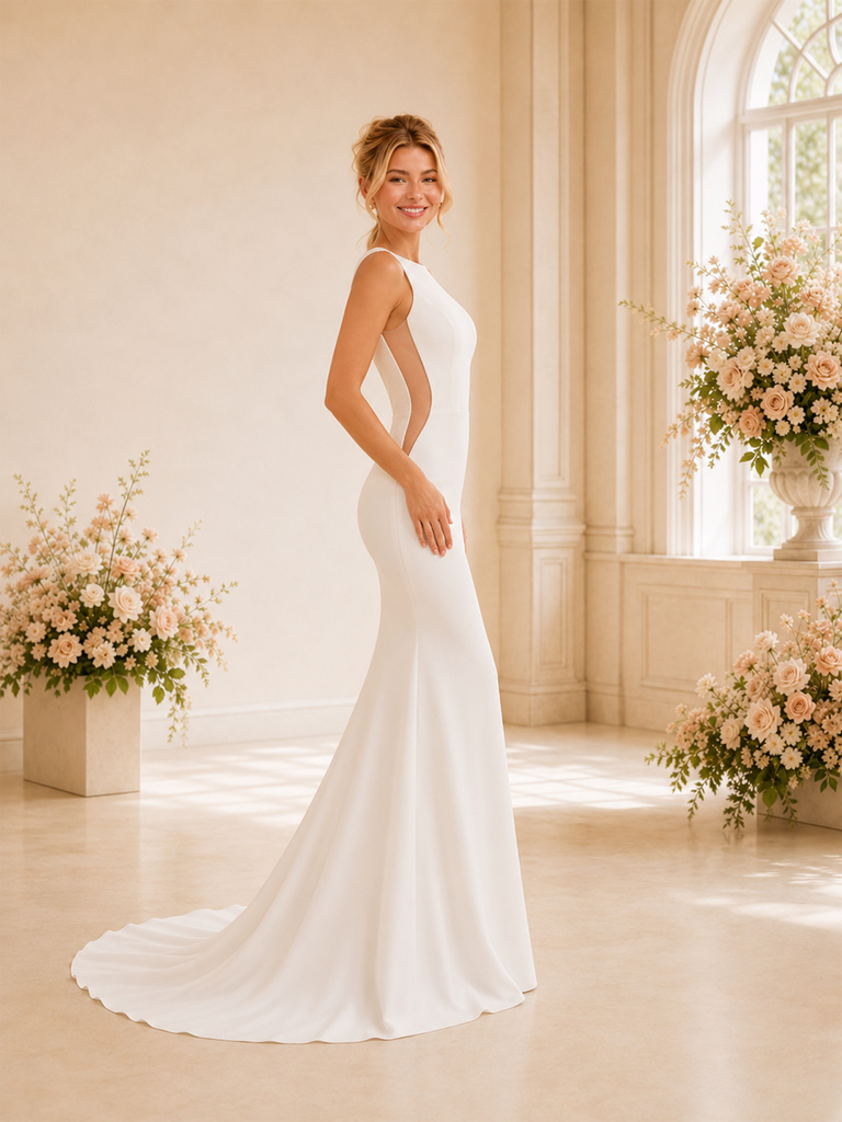 ChicSew Unique Bateau Sleeveless Mermaid Crepe Maxi Long Wedding Dresses