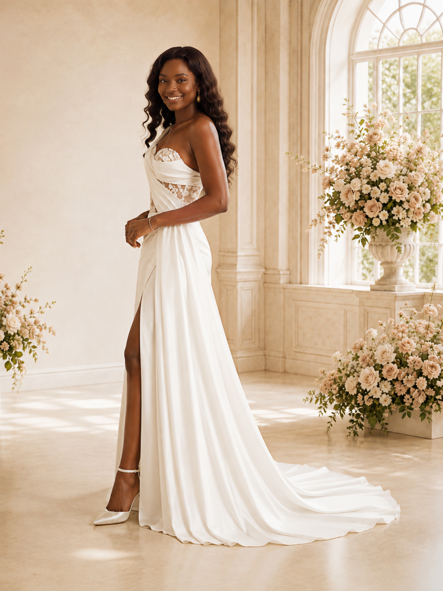 Chicsew Modern Mermaid One Shoulder Ruching Lace Satin Maxi Wedding Dress