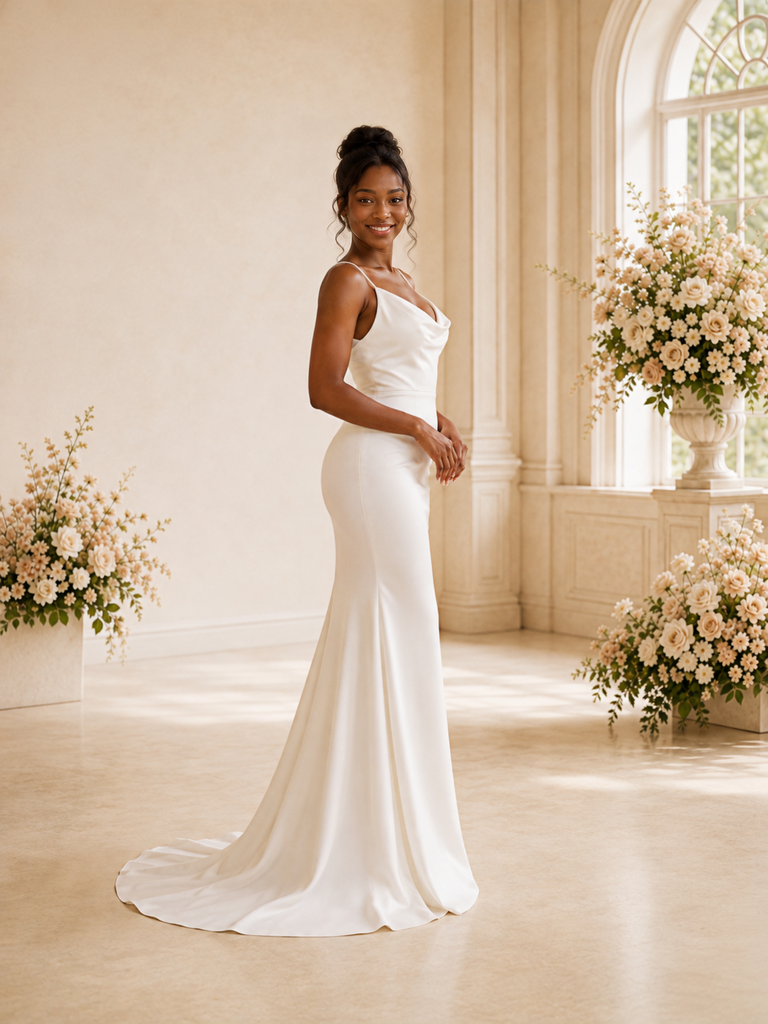 ChicSew Modern Spaghetti Straps V-Neck Sleeveless Crepe Mermaid Maxi Wedding Dress