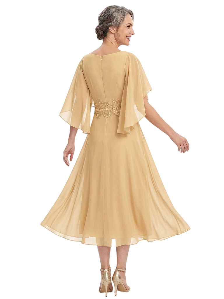 ChicSew Scoop Short Flutter Sleeve Lace Applique Waist Knee Length Chiffon Romantic Mom Of The Groom Dresses