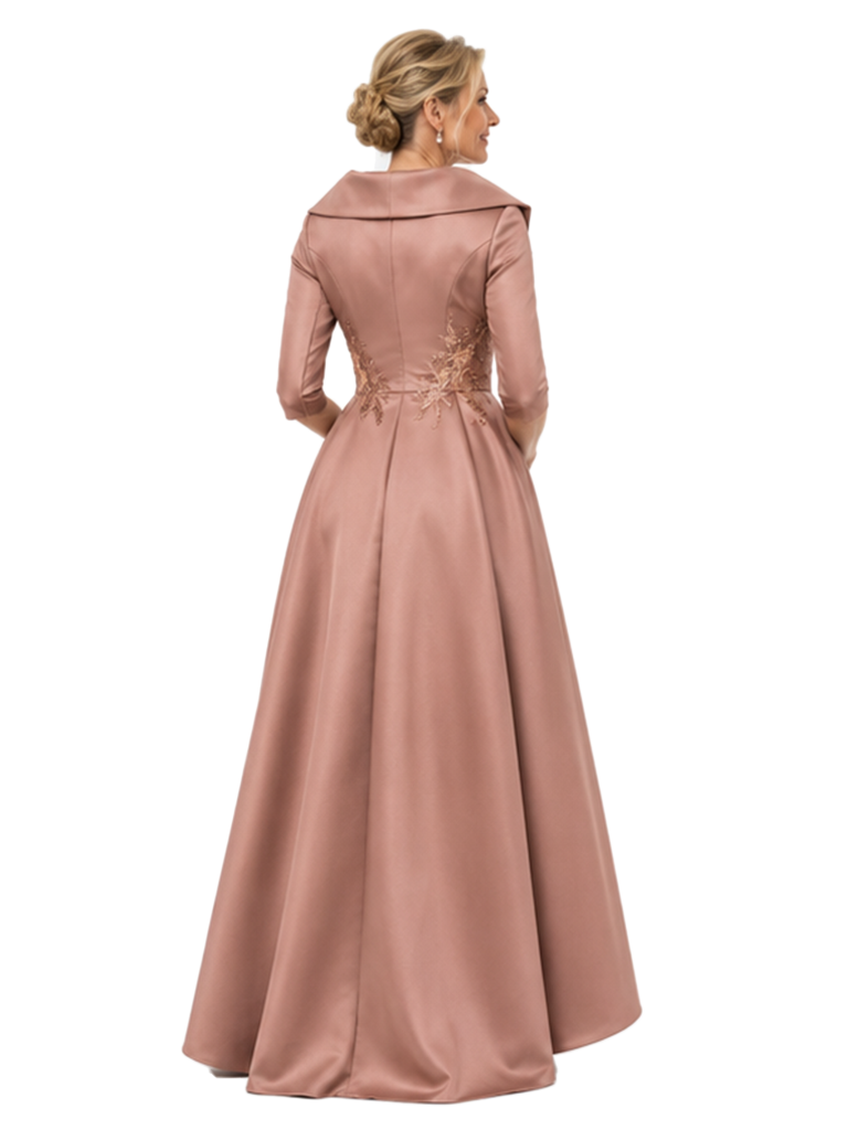 ChicSew V-Neck 3/4 Sleeve Lace Appliques Satin A-Line High-Low Mother of the Bride Dress