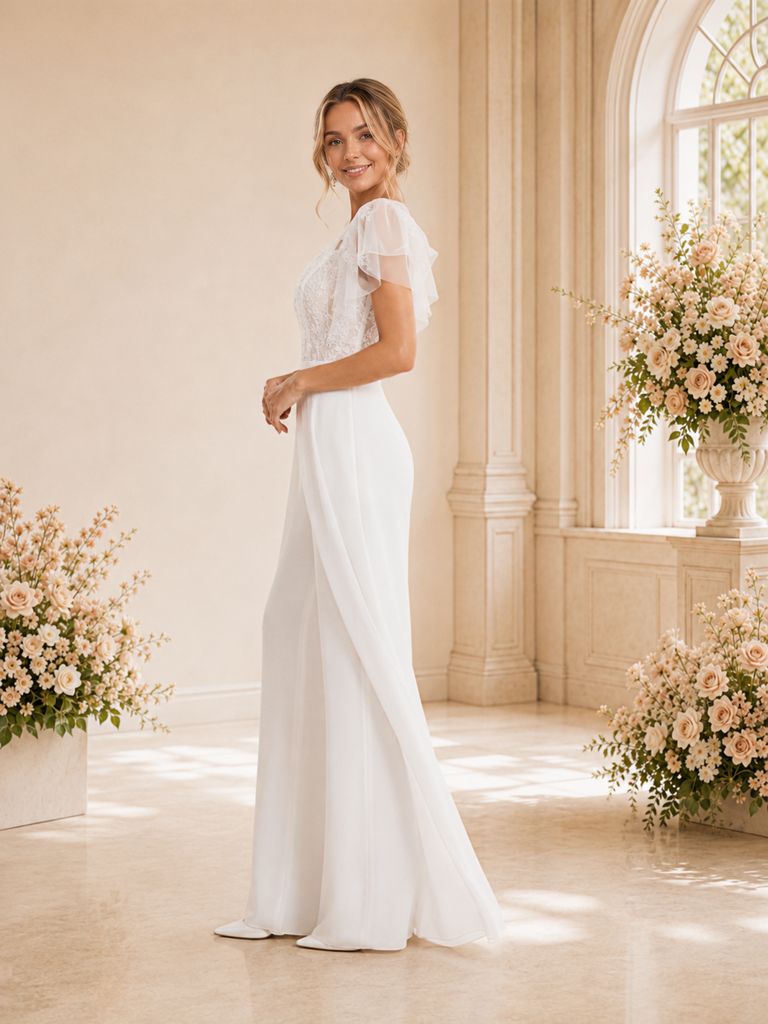 ChicSew Modern Unique V-Neck Flutter Sleeves Chiffon Applique Floor-Length Wedding Jumpsuit With Overskirt
