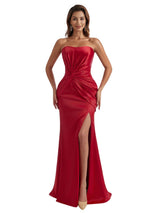 Sexy Sweetheart Mermaid Satin Unique Long Bridesmaid Dresses Side Slit